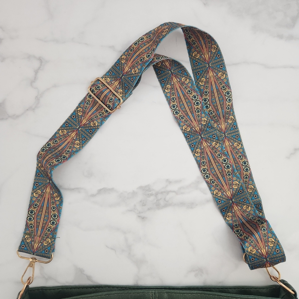 Unisex Army Green Tote Bag with Patterned Boho Strap - Picture 7 of 16